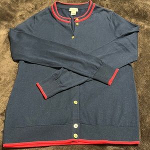 The Caryn J Crew cardigan. Dark blue with pink trim. Women’s size small.